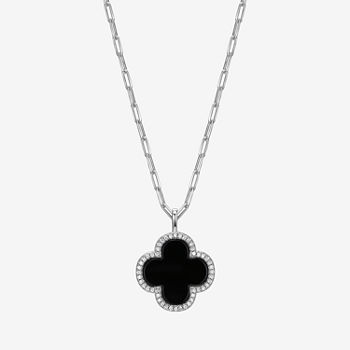 Womens 1 3/4 CT. T.W. Genuine Black Agate Sterling Silver Clover Pendant Necklace