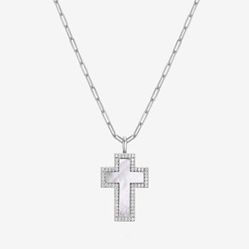Womens 1 1/8 CT. T.W. Genuine White Mother Of Pearl Sterling Silver Cross Pendant Necklace
