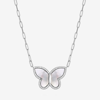Womens 2 CT. T.W. Genuine White Mother Of Pearl Sterling Silver Butterfly Pendant Necklace