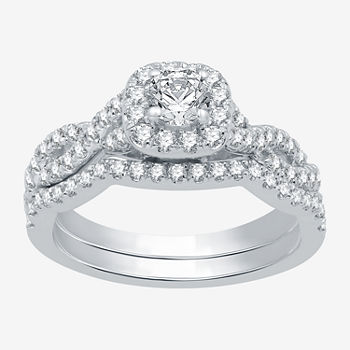 I Said Yes Womens 1 CT. T.W. Lab Grown White Diamond Sterling Silver Cushion Side Stone Halo Bridal Set