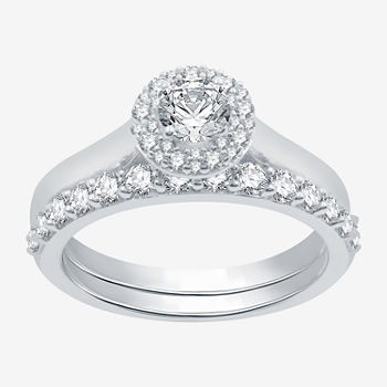 I Said Yes Womens 1 CT. T.W. Lab Grown White Diamond Sterling Silver Round Side Stone Halo Bridal Set