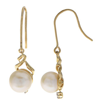 Diamond Accent Genuine White Cultured Freshwater Pearl 10K Gold Drop Earrings