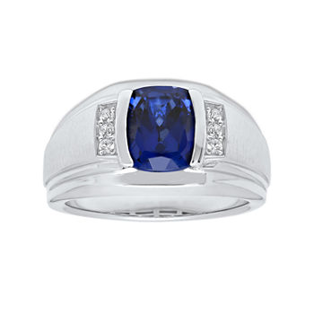 Mens Sterling Silver Lab Created Cushion Cut Blue Sapphire Ring