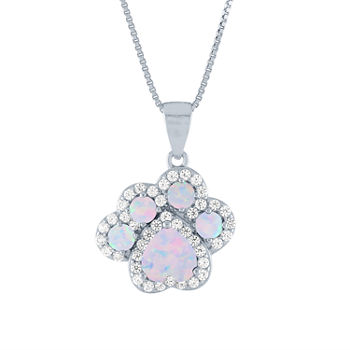 Paw Print Womens Lab Created Multi Color Opal Sterling Silver Pendant Necklace
