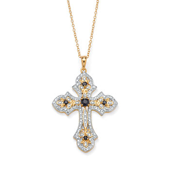 Womens Diamond Accent Genuine Blue Sapphire 18K Gold Over Silver Cross Pendant Necklace