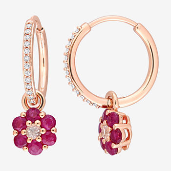 Lead Glass-Filled Red Ruby 10K Rose Gold Flower Drop Earrings