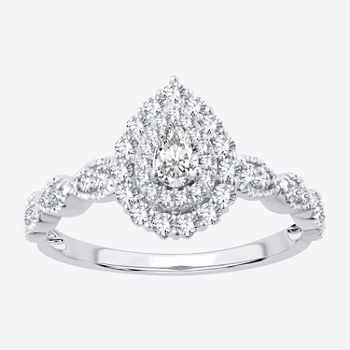 Signature By Modern Bride Womens 1/2 CT. T.W. Genuine White Diamond 10K White Gold Pear Side Stone Halo Engagement Ring
