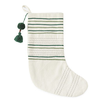 North Pole Trading Co. Ivory & Green Striped Christmas Stocking
