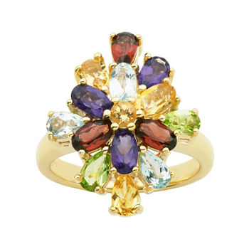 Multi-Gemstone 18K Yellow Gold Over Sterling Silver Cluster Ring