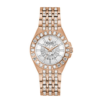 Bulova Phantom Womens Crystal Accent Rose Goldtone Stainless Steel Bracelet Watch 98l268