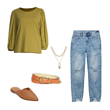 a.n.a Peasant Top, Straight Jeans, Cabler Mules, Belt & Necklace