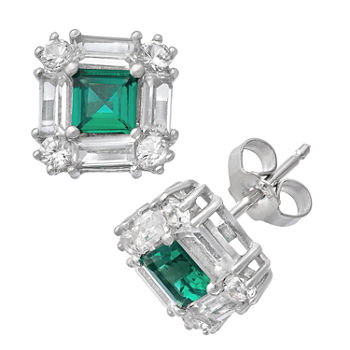 Lab Created Green Emerald Sterling Silver 8mm Stud Earrings