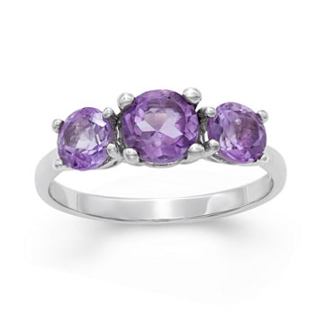 Womens Genuine Purple Amethyst Sterling Silver 3-Stone Cocktail Ring