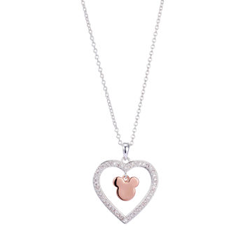 Disney Disney Classics Crystal Pure Silver Over Brass 18 Inch Cable Heart Mickey Mouse Pendant Necklace