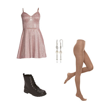 Fit & Flare Dress, Earrings, Mixit Opaque Tights & Arizona Queen Combat Boots