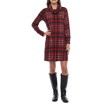 R & K Originals Long Sleeve Plaid Shift Dress with Removable Scarf