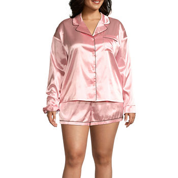 Ambrielle Womens Plus Long Sleeve 3-pc. Satin Shorts Pajama Set
