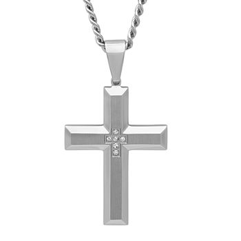 Mens Diamond-Accent Stainless Steel Cross Pendant Necklace