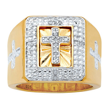 Mens 1/10 CT. T.W. Genuine White Diamond 14K Gold Over Silver Cross Fashion Ring