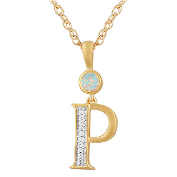 P" Womens Lab Created White Opal 14K Gold Over Silver Pendant Necklace