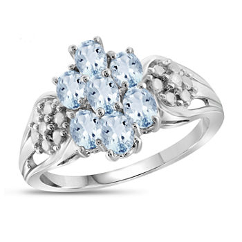 Womens Diamond Accent Genuine Blue Aquamarine Sterling Silver Cluster Cocktail Ring