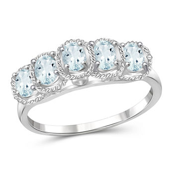Womens Genuine Blue Aquamarine Sterling Silver Side Stone Cocktail Ring