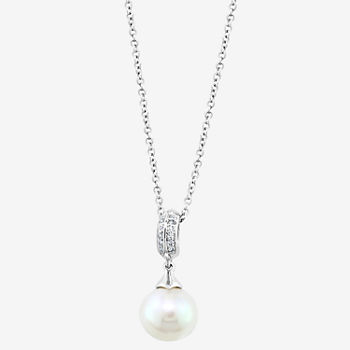 Effy  Womens Diamond Accent White Cultured Freshwater Pearl Sterling Silver Pendant Necklace