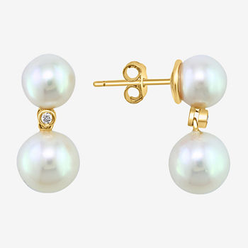 Effy  Diamond Accent White Cultured Freshwater Pearl 14K Gold Over Silver Ball Drop Earrings