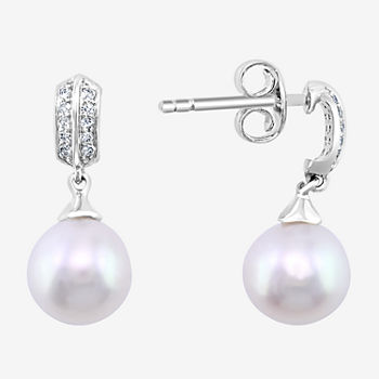 Effy  Diamond Accent White Cultured Freshwater Pearl Sterling Silver Ball Drop Earrings