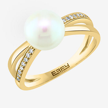 Effy  Womens Diamond Accent 8MM White Cultured Freshwater Pearl 14K Gold Over Silver Cocktail Ring