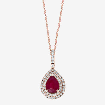 Effy Womens 1/4 CT. T.W. Diamond & Genuine Red Ruby 14K Rose Gold Pendant Necklace