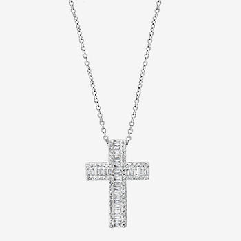 Effy  Womens 3/8 CT. T.W. Genuine Diamond 14K White Gold Cross Pendant Necklace