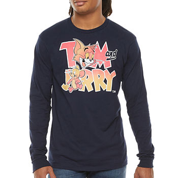 Tom And Jerry Mens Crew Neck Long Sleeve Regular Fit Graphic T-Shirt