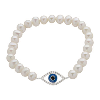Cultured Freshwater Pearl Evil Eye Stretch Bracelet