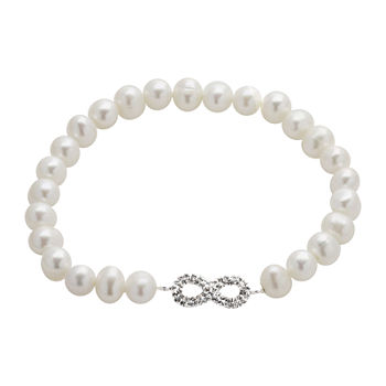 Cultured Freshwater Pearl & Crystal Infinity Sterling Silver Stretch Bracelet
