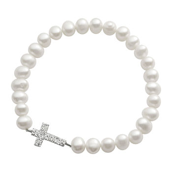 Cultured Freshwater Pearl & Crystal Sideways Cross Stretch Bracelet