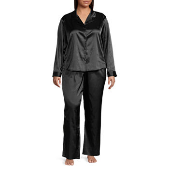 Ambrielle Womens Plus Long Sleeve 2-pc. Satin Pant Pajama Set