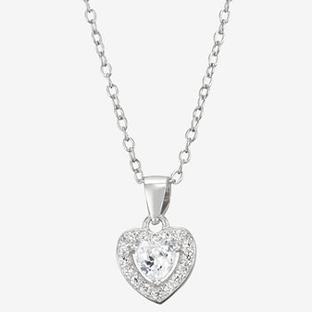 Girls White Cubic Zirconia Sterling Silver Heart Pendant Necklace