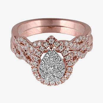 Signature By Modern Bride 1 CT. T.W.  Diamond Pear Shape Side Stone Halo Bridal Set in 10K or 14K Rose Gold
