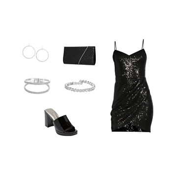 Sequin Dress, Worthington Laurel Sandals, Drop Earrings, Monet Silvertone Bangle Bracelet & Evening Bag