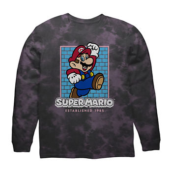 Mens Crew Neck Long Sleeve Regular Fit Tie-Dye Super Mario Graphic T-Shirt