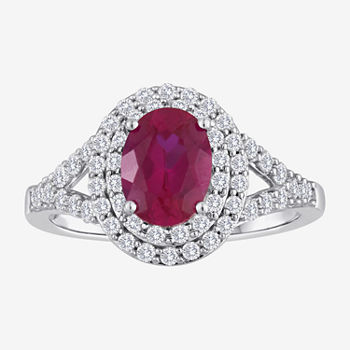 Sterling Silver Lab-Created Ruby & Lab-Created White Sapphire Double Halo Ring