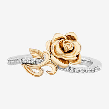 Enchanted Disney Fine Jewelry Womens 1/10 CT. T.W. Genuine Diamond 14K Gold Over Silver Flower Belle Princess Cocktail Ring