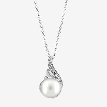 Effy  Womens Diamond Accent White Cultured Freshwater Pearl Sterling Silver Pendant Necklace