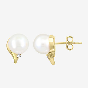 Effy  Diamond Accent Genuine White Cultured Freshwater Pearl 14K Gold Over Silver Ball Stud Earrings