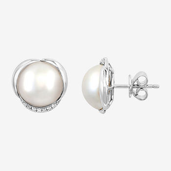 Effy  Diamond Accent White Cultured Freshwater Pearl Sterling Silver Stud Earrings