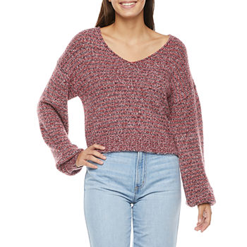 Arizona Juniors Womens V Neck Long Sleeve Striped Pullover Sweater