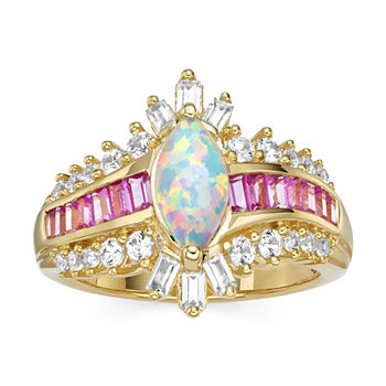 Lab-Created Opal and Pink & White Lab-Created Sapphire 14K Gold Over Silver Cocktail Ring