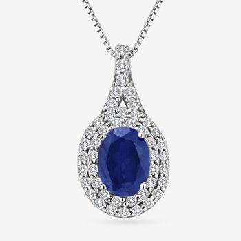 Blue and White Lab-Created Sapphire Sterling Silver Halo Pendant Necklace