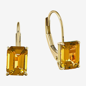 Emerald-Cut Genuine Citrine 14K Yellow Gold Leverback Earrings